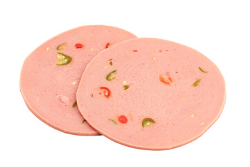 Bologna with chilly ,Mortadela Sausage, Sliced boiled ham sausage isolated on transparent background, top view, PNG File