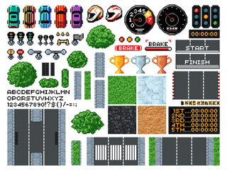 8 bit pixel art race game, top view of racing track, cars and equipment, vector icons. Arcade video game elements of karting car, speed road and traffic signs with racetrack texture and speedometer - obrazy, fototapety, plakaty