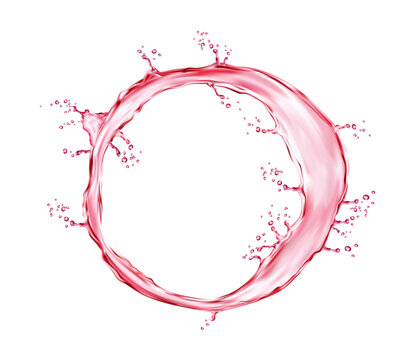 Realistic pink water round circle splash. Isolated 3d vector vivid circular frame of juice or wine flow, dancing in whimsical ripples, fleeting liquid border suspended mid-air, emanates dynamic energy