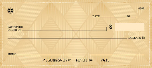 Blank golden bank check or checkbook cheque template, vector background. Money payment book cheque or paycheck with guilloche pattern, payment coupon layout with golden frame for bank voucher bill - obrazy, fototapety, plakaty