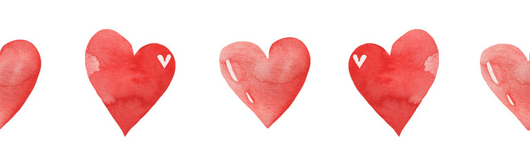 Watercolor central border template of colorful hearts of red shades on white background. Beautiful decorative elements in shape of hearts isolated on white backround.Valentine day