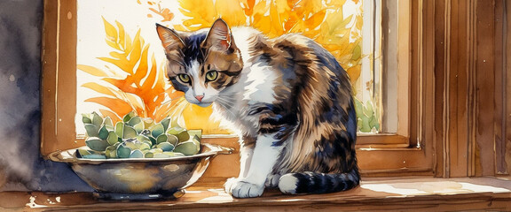 A cute tabby cat is sitting next to a flower pot by the window. Watercolor style cat illustration.