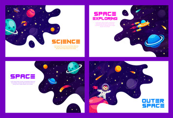 Galaxy space template banners and posters. Universe exploration adventure, outerspace discovery or astronomy travel cartoon vector banners with kid astronaut, planets and spaceships in outer space