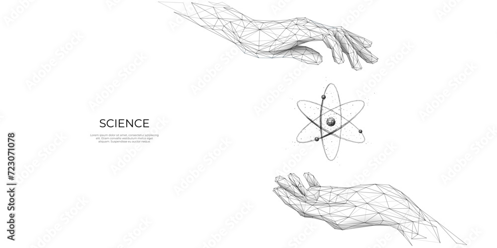 Poster abstract woman's hands holding atom symbol. nuclear atom or molecule. low poly sketch. laboratory me