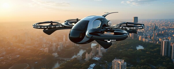 futuristic manned roto passenger drone flying in the sky over modern city for future air...