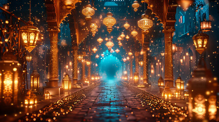 Enchanted Alley Illuminated by Lanterns, dreamlike alley bathed in the warm glow of hanging...