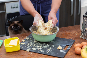 Hands prepare dough for a holiday pie, and the cat watches and licks his lips.