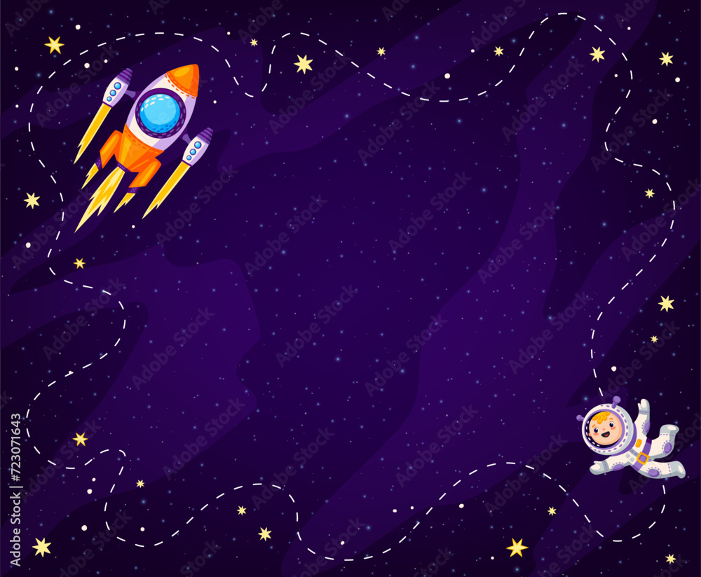 Poster cartoon kids space background with planets and rocket with trace, vector galaxy landscape. kid space