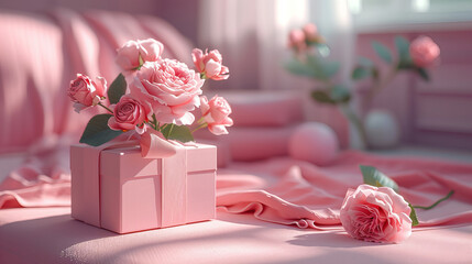 Pink roses and gift box in the bedroom on pink background, Valentine day, 14 February, Birthday morning, Mother day, International Women day, Love and romance concept