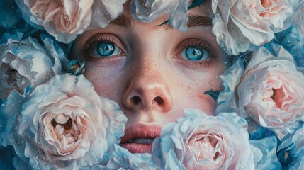 A close up of a woman's face surrounded by flowers