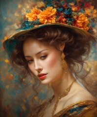Aristocratic Woman Painting Beauty Elegant Paint Brush Stroke Drawing Vintage Old Style Retro Fashion Hat Flowers Hair Dress Necklace