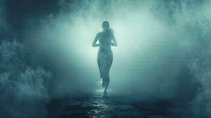 Mystical Run in Moonlit Mist, runner's silhouette emerges powerfully against a backdrop of mist under the ethereal glow of moonlight, evoking a sense of mystery and determination