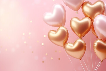 Golden and Pink Heart-Shaped Balloons on a Soft Pink Background. Celebration and Love Concept