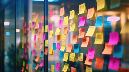 Colored notes or sticky notes on the glass wall in the office - Powered by Adobe