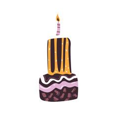 Vector illustration of a festive multi-tiered chocolate cake with a candle. Illustration for design of birthday and anniversary cards. Cartoon hand drawn style.