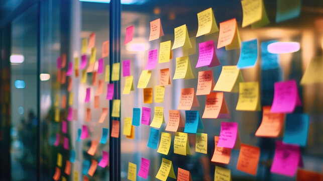 Colored notes or sticky notes on the glass wall in the office
