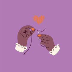 Vector illustration with cartoon hands holding a needle and thread. Elements for the design of cards, posters, banners in the field of hobbies and creativity. Scandinavian style.