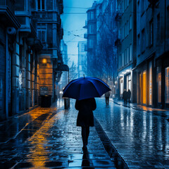 Rainy night: girl in black jacket with umbrella, serene beauty in inclement weather. Indigo and amber tones, raw vulnerability, emotional sensitivity in hyper-realistic close-up