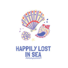 Vector hand drawn illustration. Starfish and shells with lettering. All elements are isolated. Cartoon drawing style. A set of elements for the design of postcards, covers, and T-shirts.