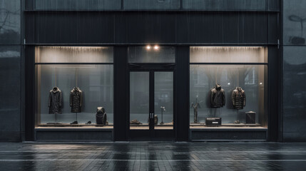 Clothing shop with glass windows, shop colors black and white