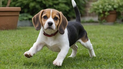 Tricolor beagle dog in the garden