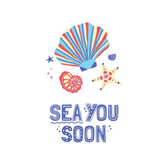Vector hand drawn illustration. Starfish and shells with lettering. All elements are isolated. Cartoon drawing style. A set of elements for the design of postcards, covers, and T-shirts.