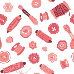 Vector cartoon pattern with pink threads and buttons on a light background. Pattern for textile, hobby and creativity store banners. Design of books, gift paper, packaging. Scandinavian style.