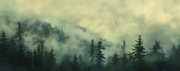 Türaufkleber Khaki A misty mountain landscape with a forest of pine trees in a vintage retro style. The environment is portrayed with clouds and mist, creating a vintage and atmospheric imagery of a tree covered forest.
