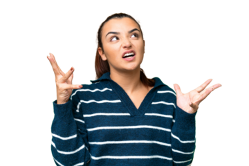 Young beauty woman over isolated chroma key background stressed overwhelmed