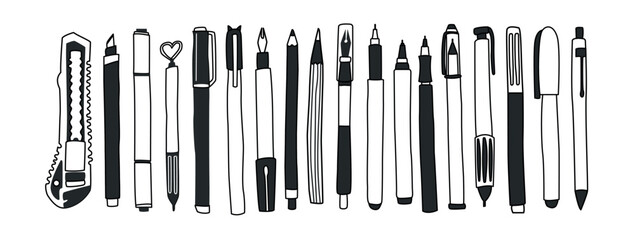 Big vector set of office supplies. Pens, pencils, stationery knife, liners, felt-tip pens. Set of isolated elements on a yellow background. Banner for school supplies store. Sketch hand drawn style.