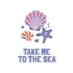 Vector hand drawn illustration. Starfish and shells with lettering. All elements are isolated. Cartoon drawing style. A set of elements for the design of postcards, covers, and T-shirts.