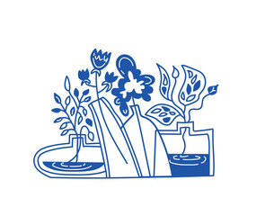 Trendy vector illustration of vases with flowers. Linear doodle style. Modern sketching. A set of elements for design work.