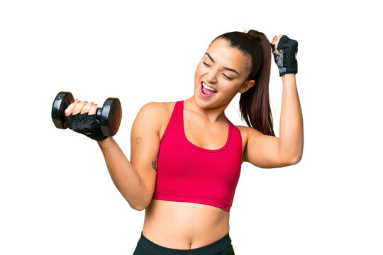 Young sport woman making weightlifting celebrating a victory