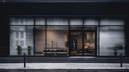 Clothing shop with glass windows, shop colors black and white