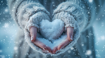 heart in the snow.a heartwarming illustration of female hands adorned in knitted mittens, delicately holding a heart-shaped snow formation on a winter day. The composition should convey a love concept