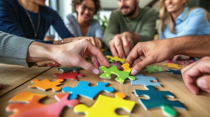 Team building, company employees play a game and connect puzzle pieces of the same color during