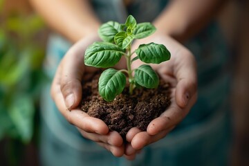  close-up of hands holding a small potted plant .AI Generate