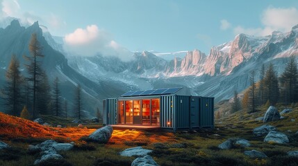 shipping container turned into a solar-powered small home. AI Generate - obrazy, fototapety, plakaty
