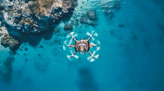 The drone flies over the sea and rocks. Aerial view of a quadcopter flying over a coral reef.