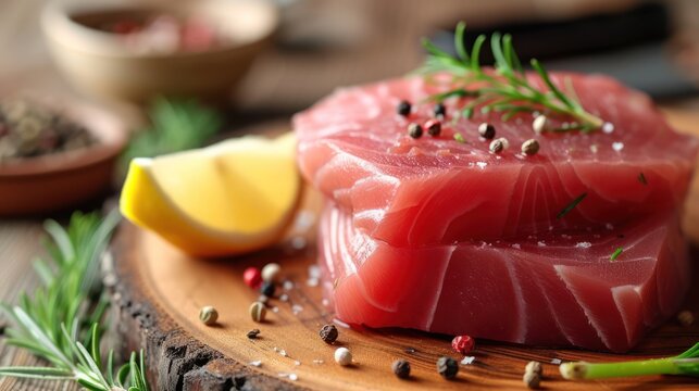Fresh red tuna fish meat on wooden food board. AI generated image