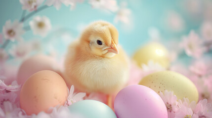 Obraz na płótnie Canvas Adorable Fluffy Easter Chicken Surrounded by Pastel Eggs, Blossoms. The Joy of Spring. Easter Background.