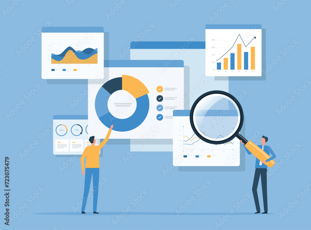 Fototapete business data analytics with people team working on web report dashboard monitor and flat vector illustration for  business finance investment design concept.
