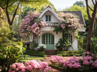 Fototapeta na wymiar Charming cottage nestled in beautiful landscaping, cottage downsizing image