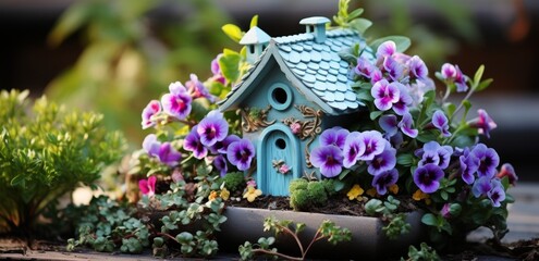 Fototapeta na wymiar Small fairy house nestled next to vibrant purple pansies surrounded by blooming bushes in a magical fairy garden, cottage downsizing image