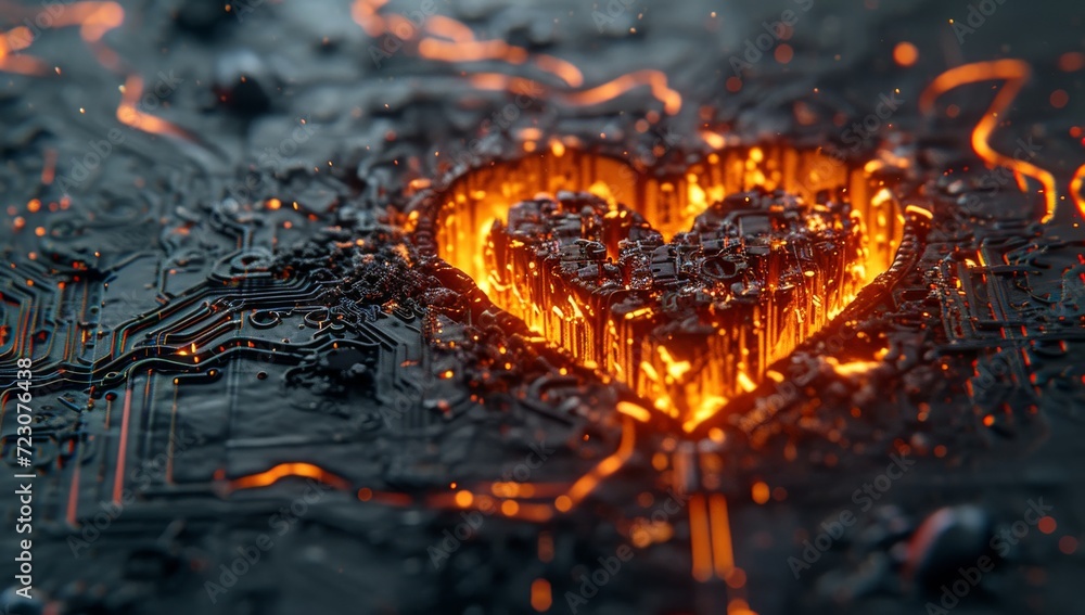 Aufkleber an abstract heart made of burning sand with wires, in the style of grid-like structures