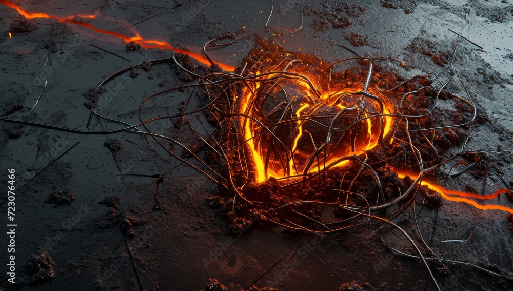 Aufkleber an abstract heart made of burning sand with wires, in the style of grid-like structures