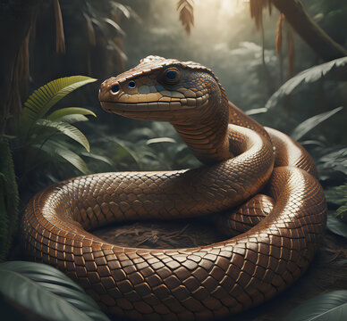 . A python rests in the coils of a tree, its serpentine grace and mesmerizing patterns captivating generative Ai
