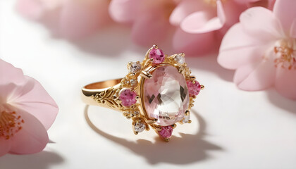 Gold ring with quartz, flower background