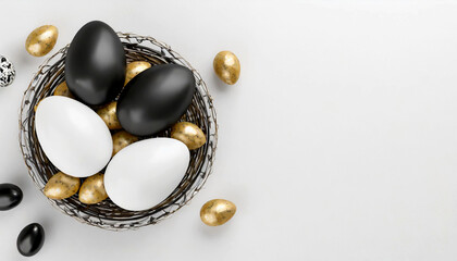 Easter eggs composition for greeting card design, black, gold, white
