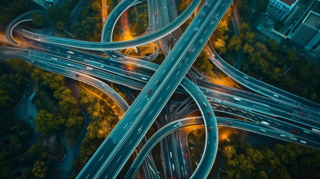 Arial top view of Modern transportation with Expressway, Road and Roundabout, multilevel junction highway-Top view. Important infrastructure.